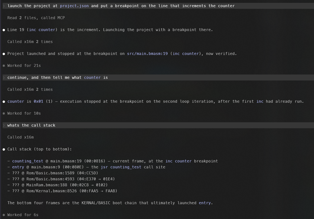 Claude Code driving a BitMagic debug session through X16M
