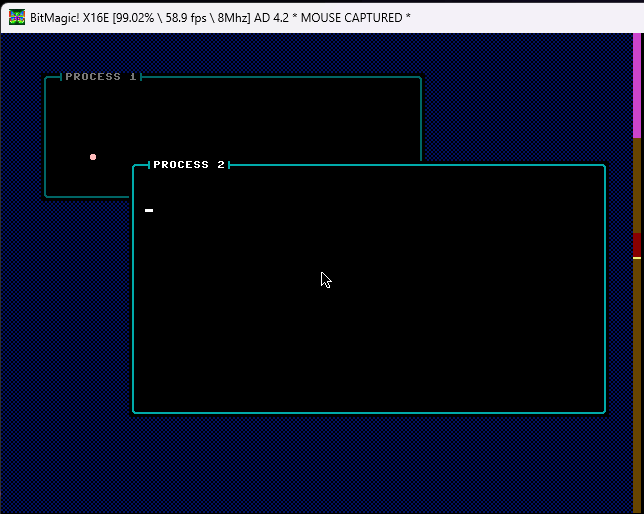 Two BitBench windows, PROCESS 1 and PROCESS 2, running side by side in the emulator
